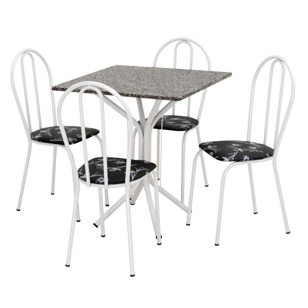 Conjunto de Mesa e 04 Cadeiras Tampo em Granito Branco Preto