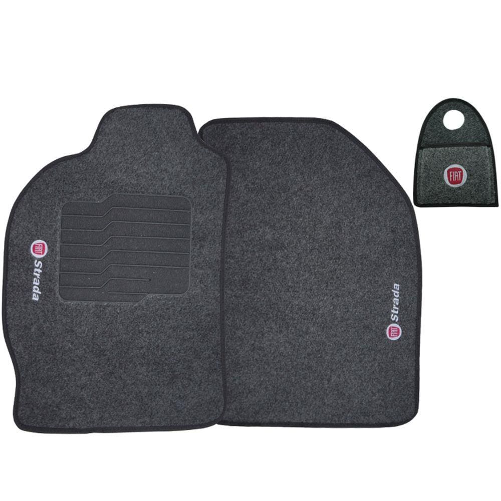 Jogo Tapete Carpete + Lixeira Fiat Strada Cab. Simples 2007 à 2012 Soft Logo Bordado Grafite 3 Peças