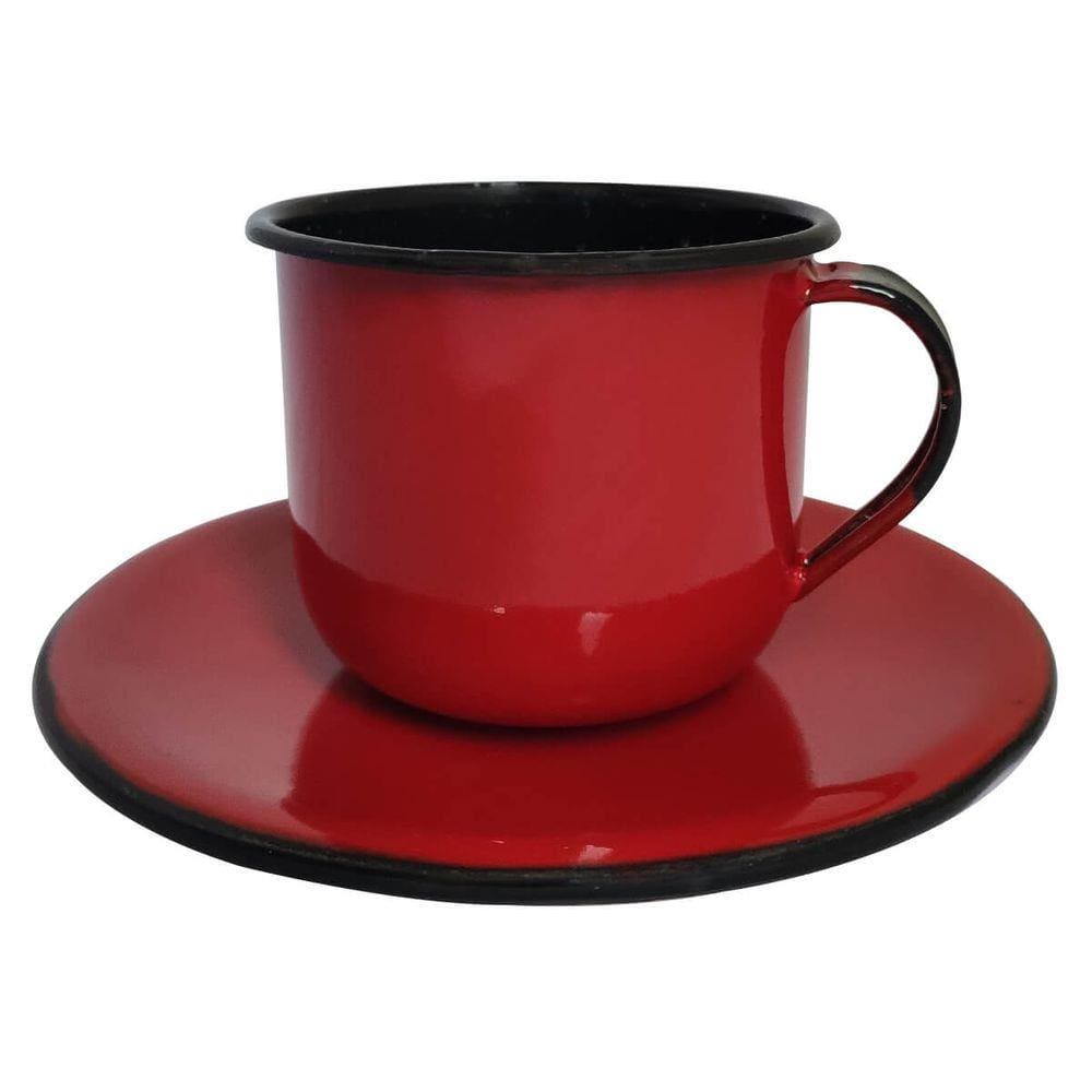 Caneca Esmaltada Xícara Com Pires Para Chá Café 180ml Vermelha