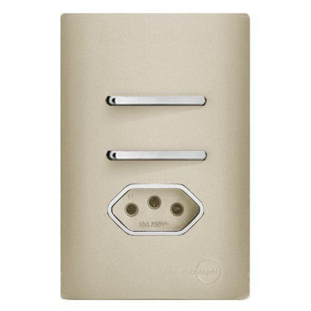 Cj Interruptor Duplo Paralelo + Tomada 10A Com Suporte 4X2 - Dicompel Novara Champanhe Cromado - Dnv1500/24Chcr