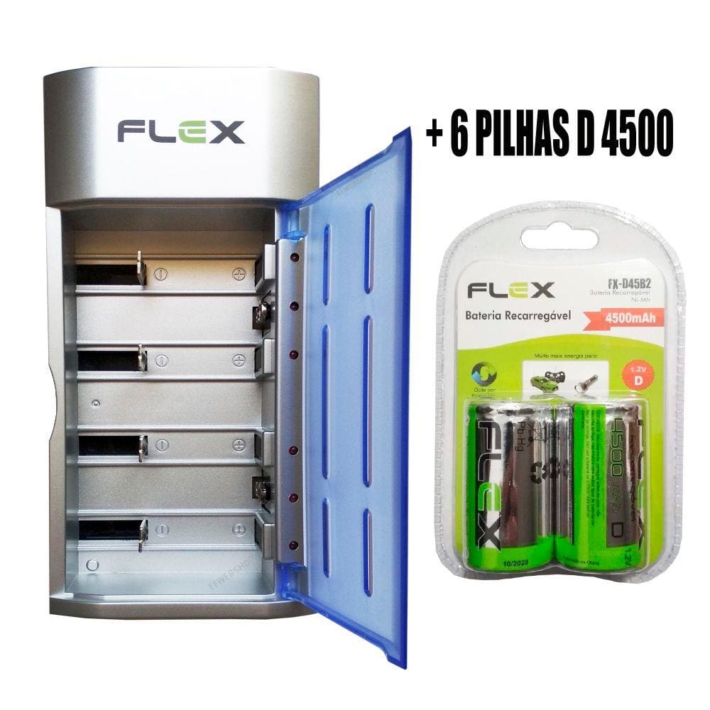 Carregador de Pilhas Flex AA AAA C D Baterias 9v Led com 6 Pilhas D 4500 mAh Recarregáveis Universal FX-C06