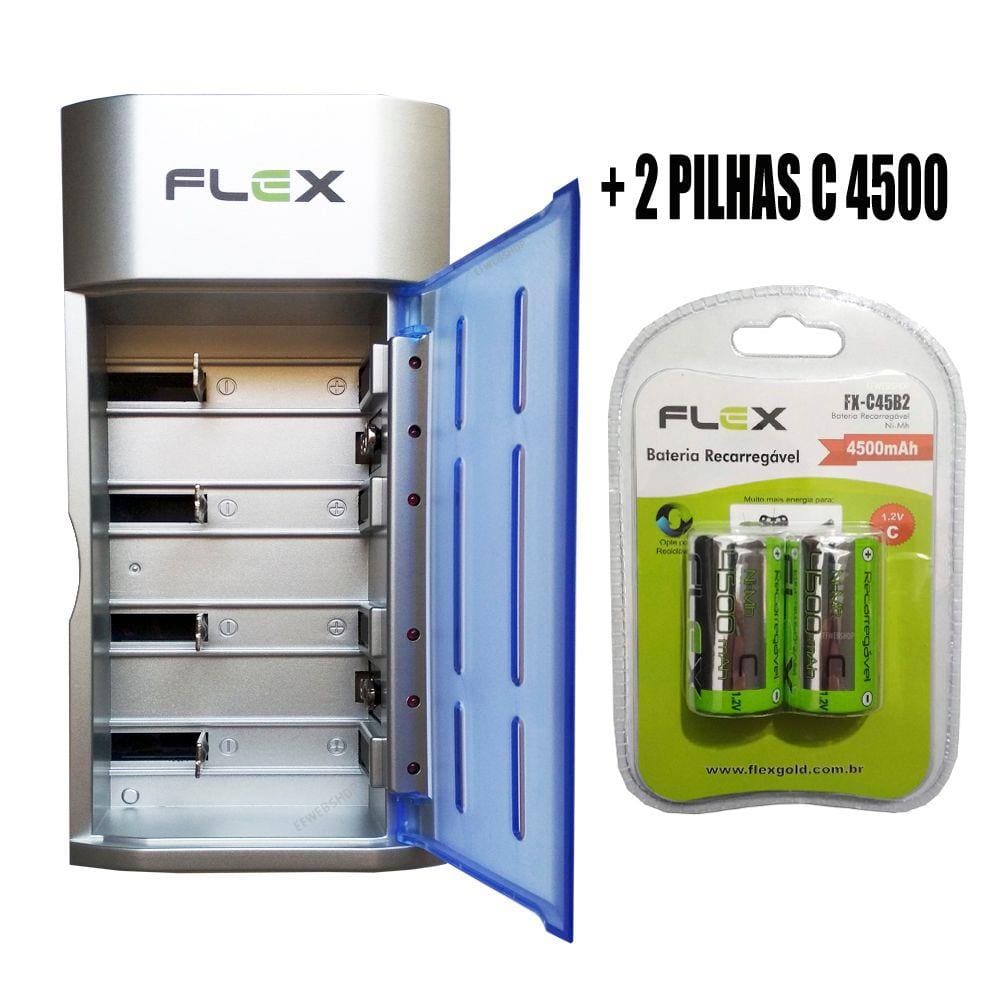 Carregador de Pilhas Flex AA AAA C D Baterias 9v Led com 2 Pilhas C 4500 mAh Recarregáveis Universal FX-C06