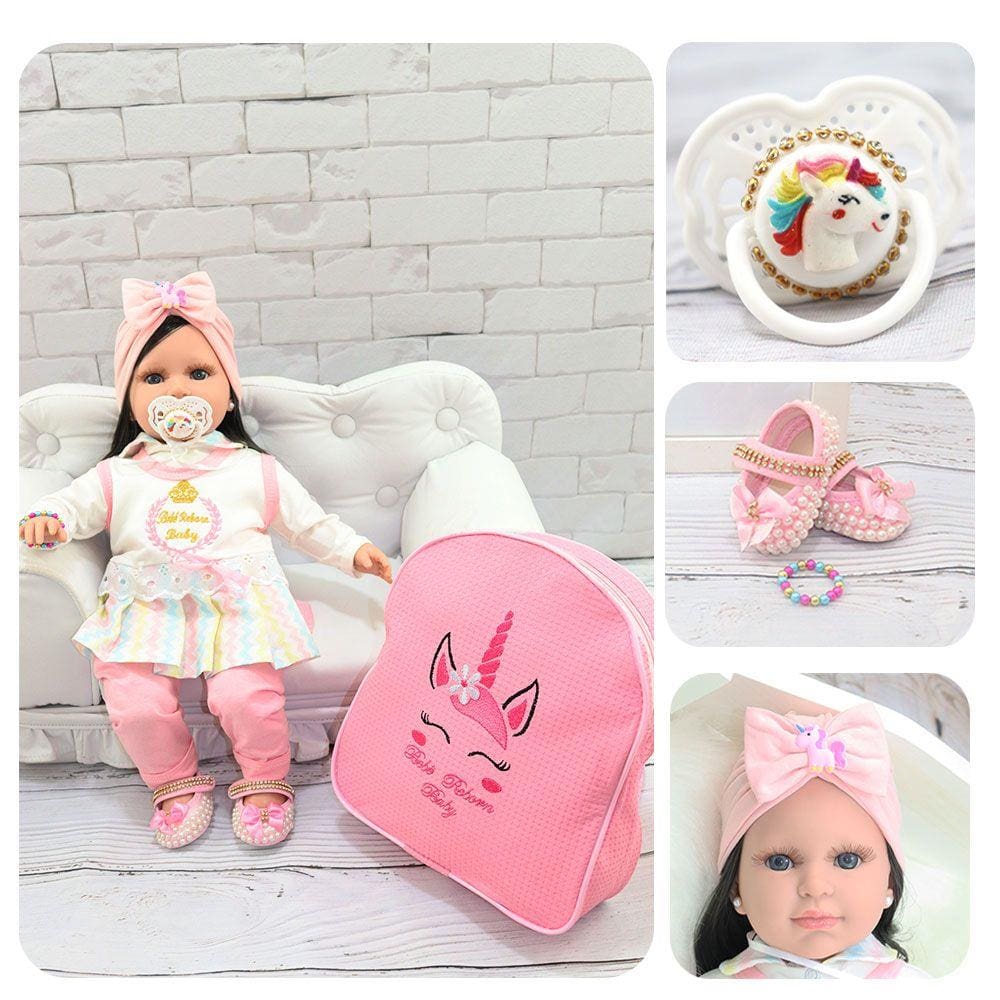 Boneca Bebê Reborn Cabelo Castanho + Bolsa 20 Itens Enxoval - USA Magazine