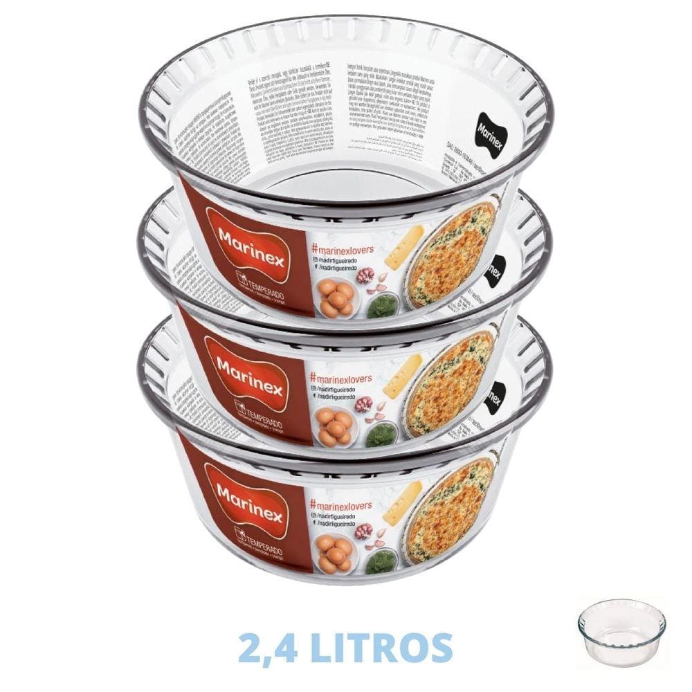 Kit 3 Formas de Vidro Travessa Suflê Redonda 2,4 L Marinex