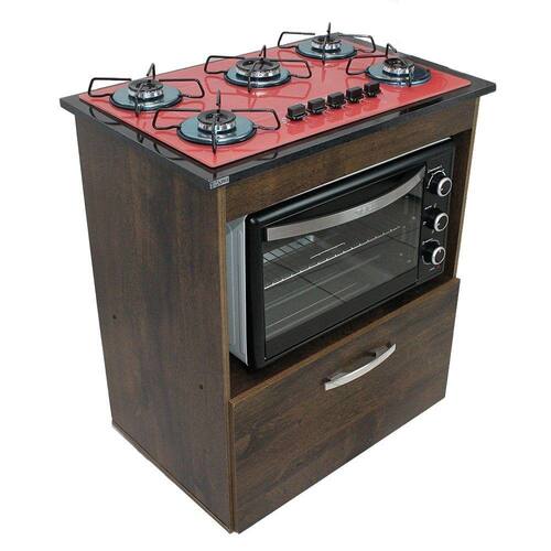 Kit Balcão Salvia Ipê Com Cooktop Vermelho 5 Bocas e Forno Elétrico 60L