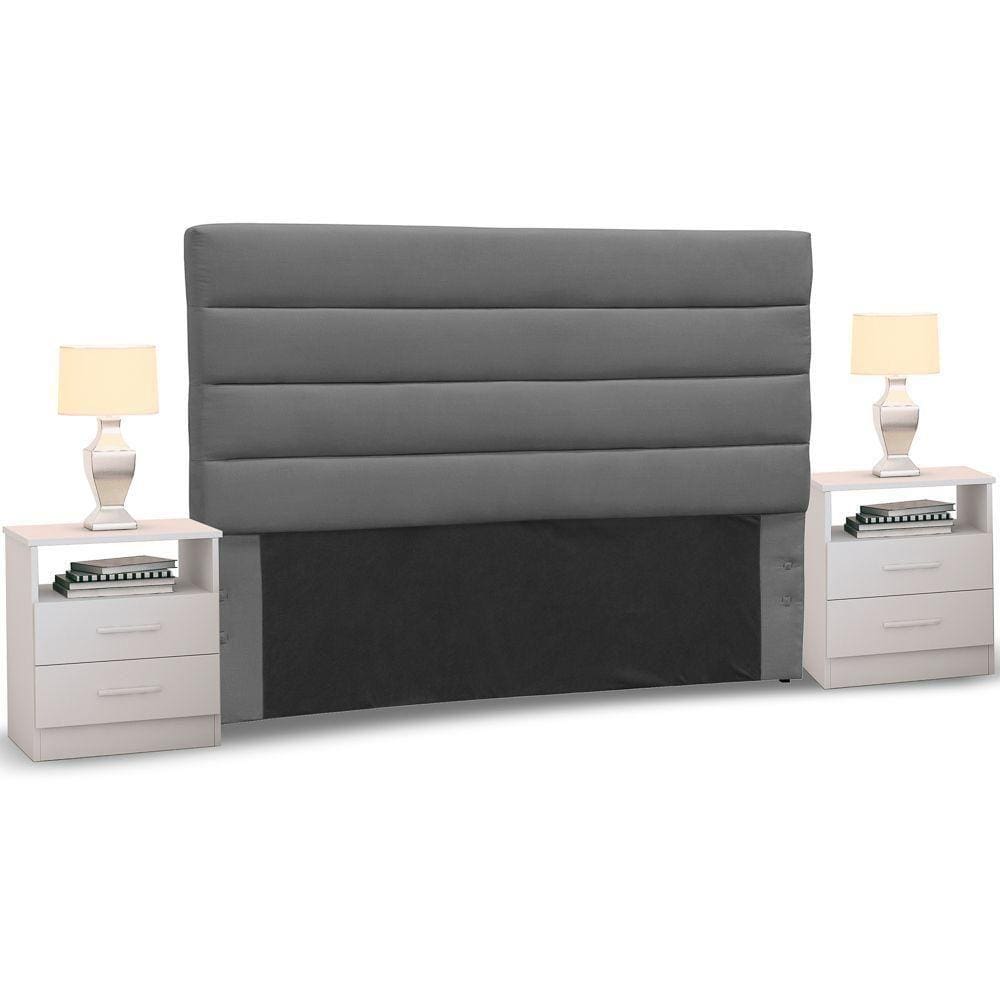 Cabeceira Casal Suede Cinza e 2 Mesas de Cabeceira Branco
