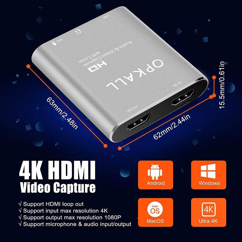 OPKALL Audio Video Capture Card com Loop Out, 4K 1080P 60FPS HDMI Video  Capture via DSLR, Camcorder ou Action Cam para transmissão ao de jogos, |  Extra