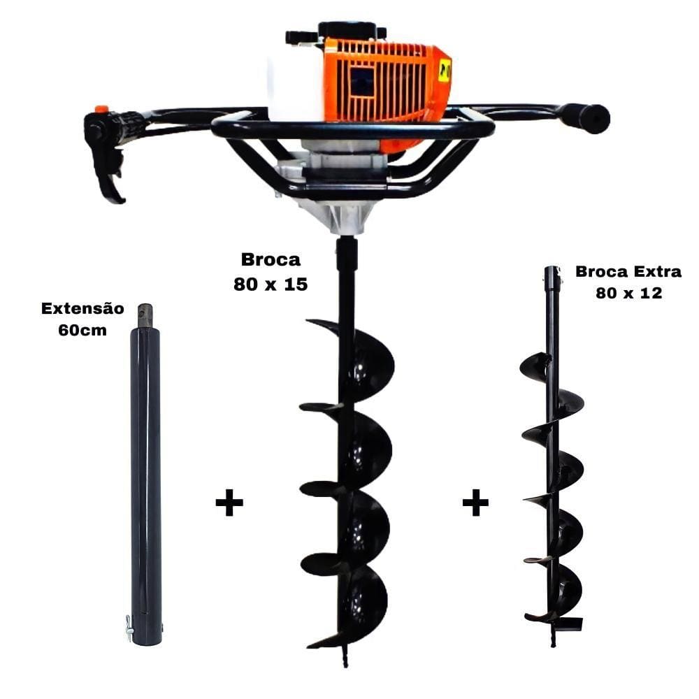 KIT Perfurador de Solo Vulcan VPS520-S 2T 52CC 2,5HP com Broca 80x15cm + Broca Extra 80x12cm + Extensão Extra 60cm com Pino Trava