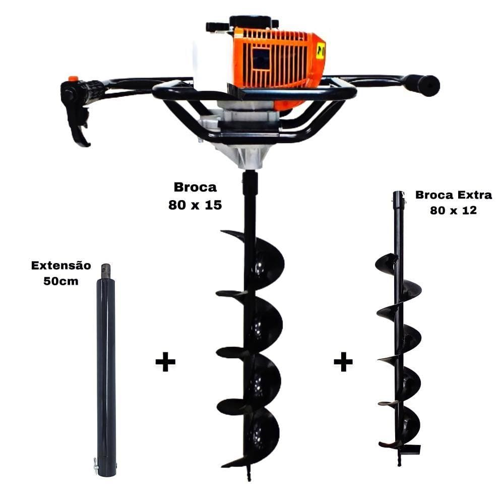 KIT Perfurador de Solo Vulcan VPS520-S 2T 52CC 2,5HP com Broca 80x15cm + Broca Extra 80x12cm + Extensão Extra 50cm com Pino Trava