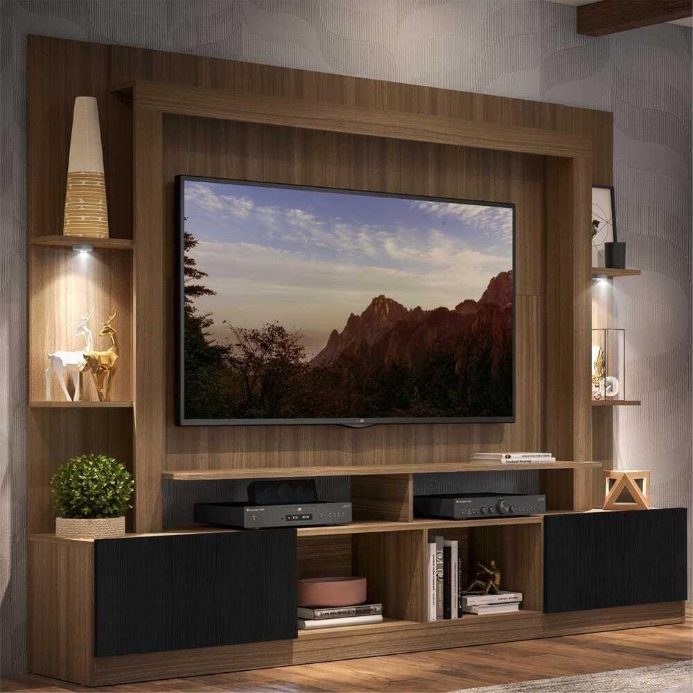 Rack Estante c/ Suporte TV 65” e Leds Berlim Multimóveis Madeirado/Preto