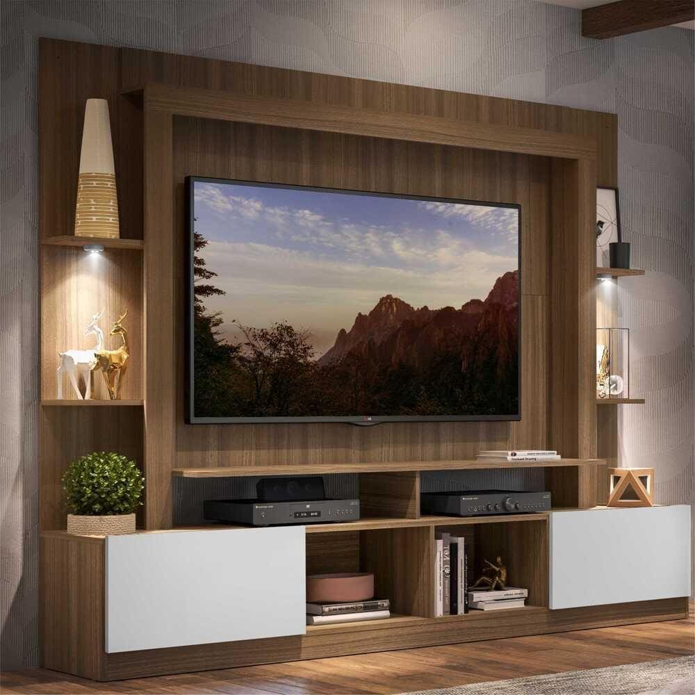 Rack Estante TV 65\" com Leds Berlim Multimóveis Madeirado/Branco