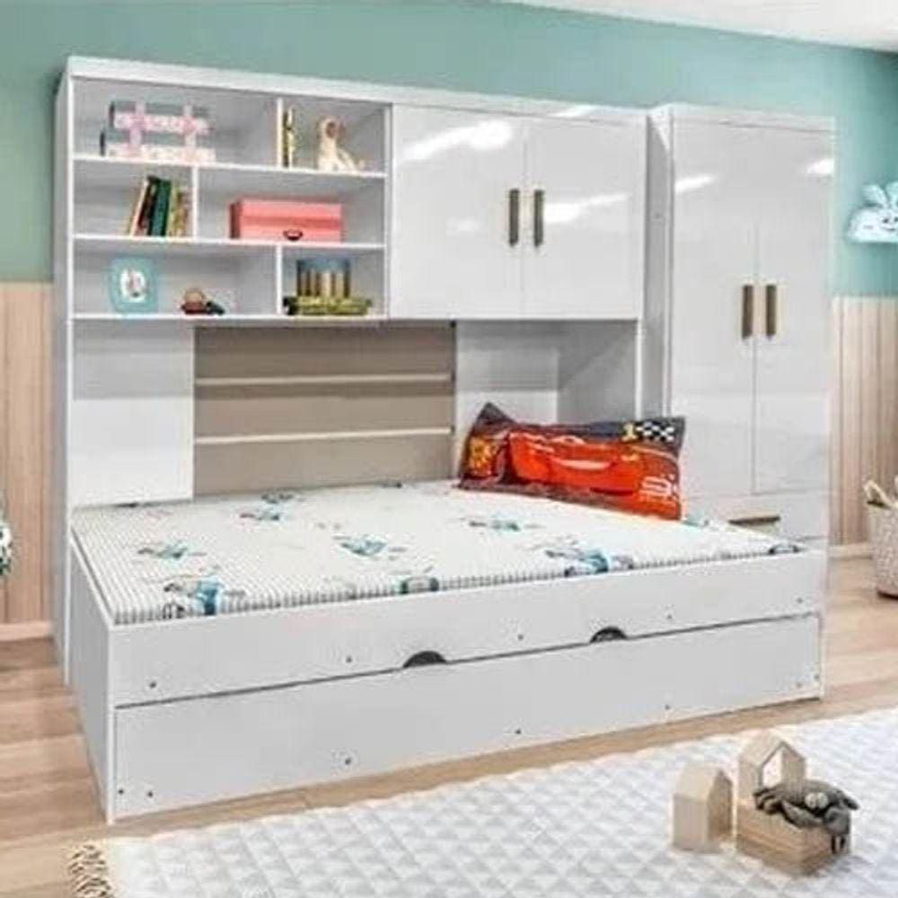 Quarto Modulado Infantil Chiara 4 Peças - Roupeiro 2 Portas, Módulo Aéreo E Cama Com Auxiliar - Phoenix Baby