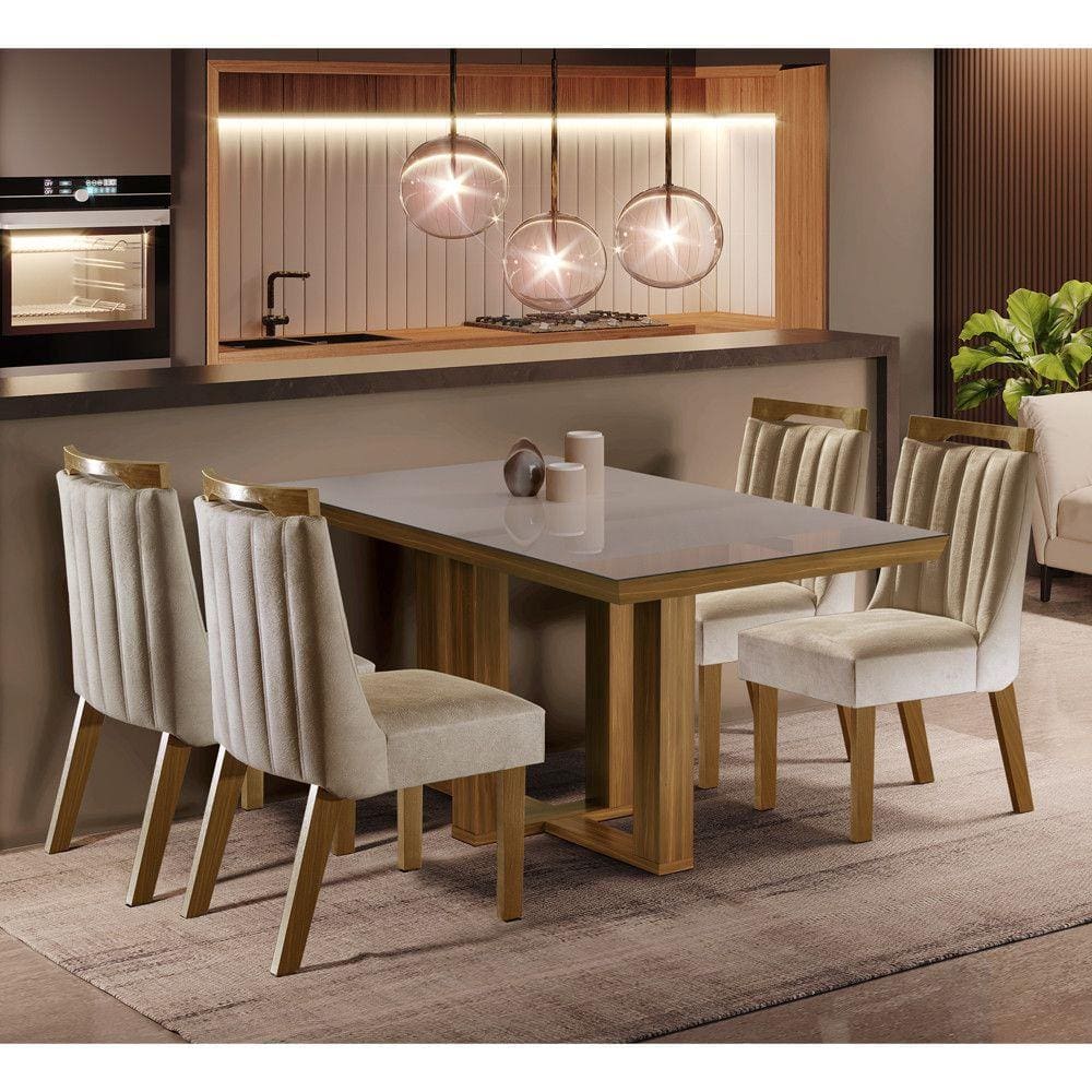 Conjunto de Mesa de Jantar com Tampo de Vidro Arredondado e 4 Cadeiras  Estofadas Studio Linho Off White e Bege Claro 136 cm