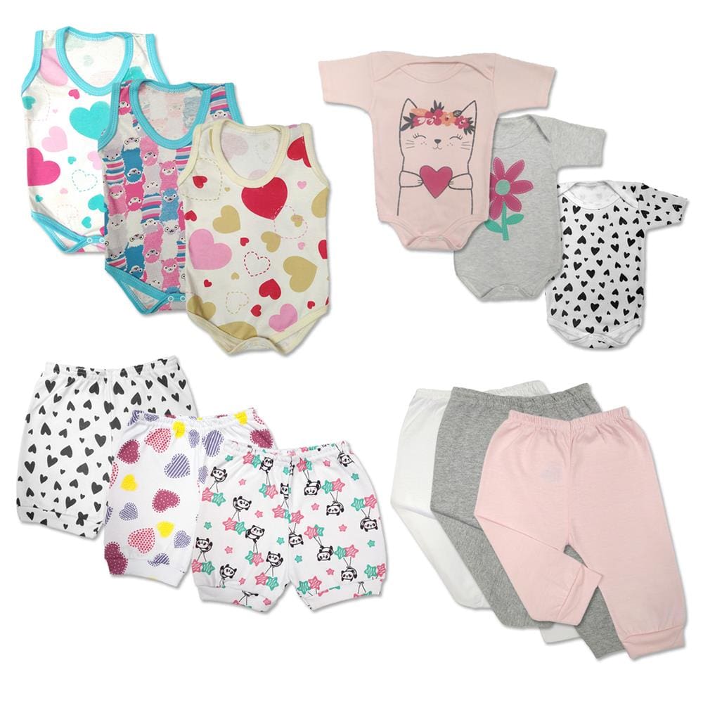 Kit Roupa de Bebê 12 Peças Enxoval Verão Body Mijão Shorts