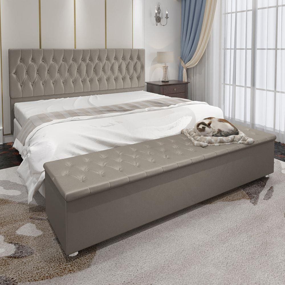 Conjunto Cabeceira Casal e Recamier Baú 1,95m Madrid Suede Bege Dal Poz Estofados