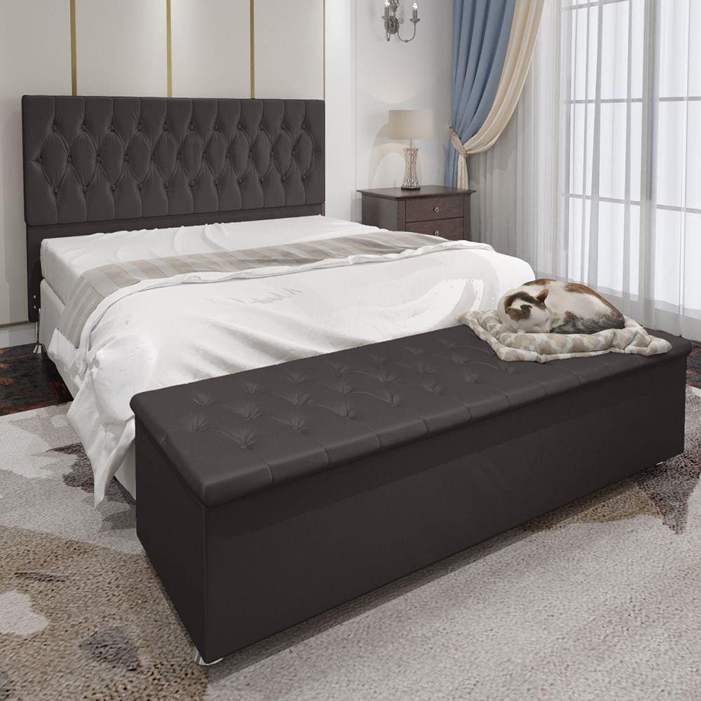 Conjunto Cabeceira Casal e Recamier Baú 1,60m Madrid Suede Marrom Dal Poz Estofados