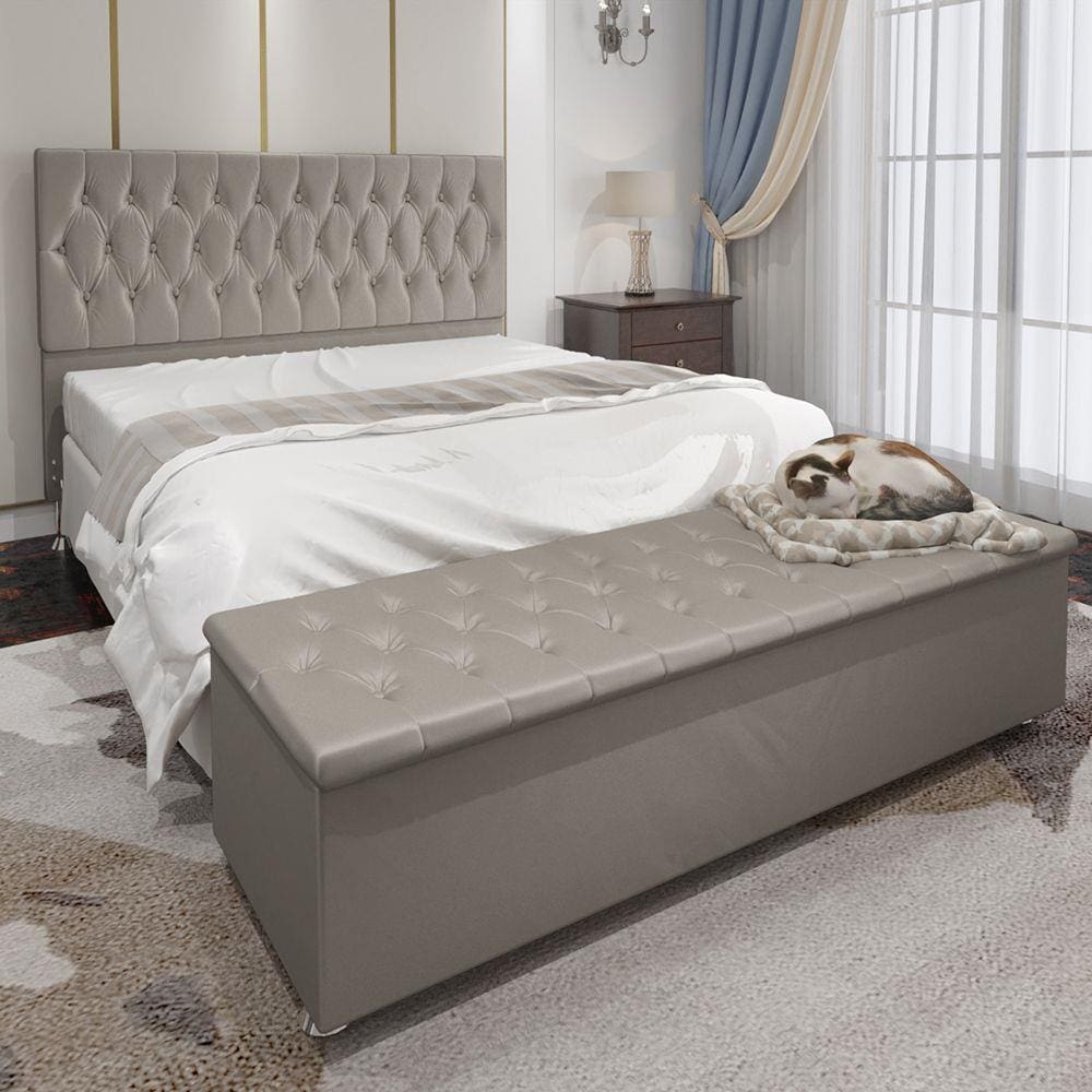 Conjunto Cabeceira Casal e Recamier Baú 1,60m Madrid Suede Bege Dal Poz Estofados