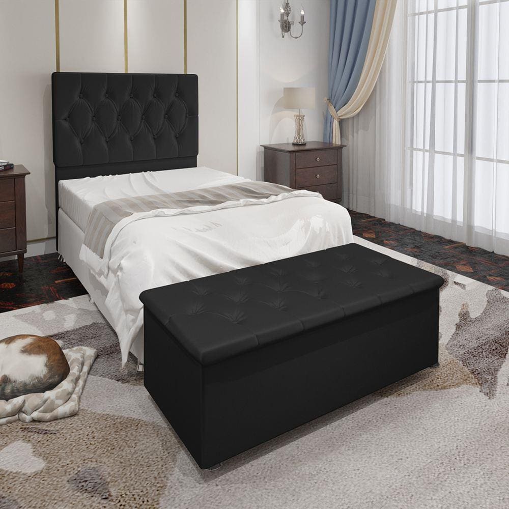 Conjunto Cabeceira Solteiro e Recamier Baú 0,90m Madrid Suede Preto Dal Poz Estofados