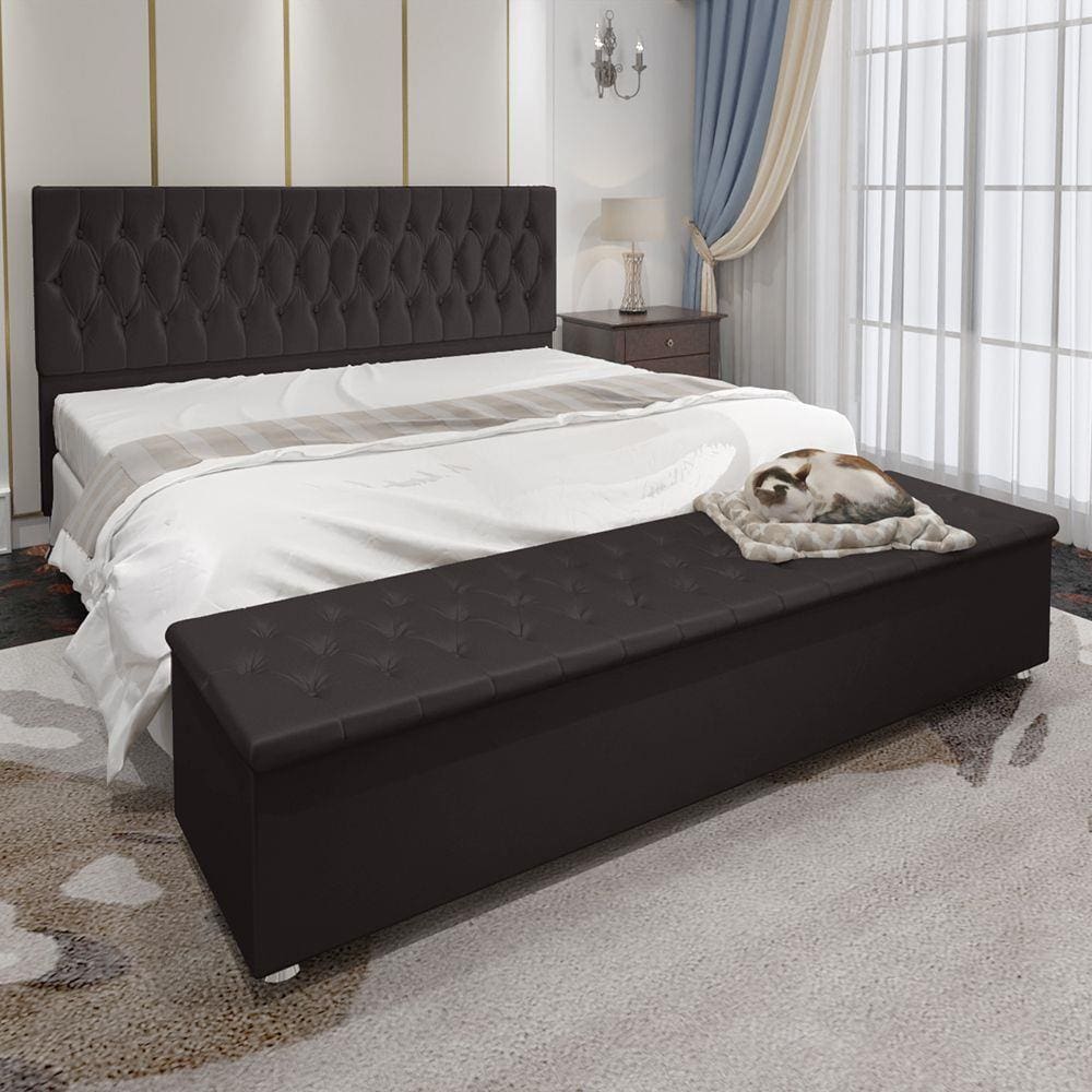 Conjunto Cabeceira Casal e Recamier Baú 1,95m Madrid Suede Marrom Dal Poz Estofados