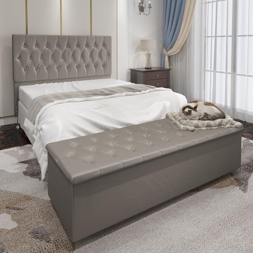 Conjunto Cabeceira Casal e Recamier Baú 1,40m Madrid Suede Bege Dal Poz Estofados