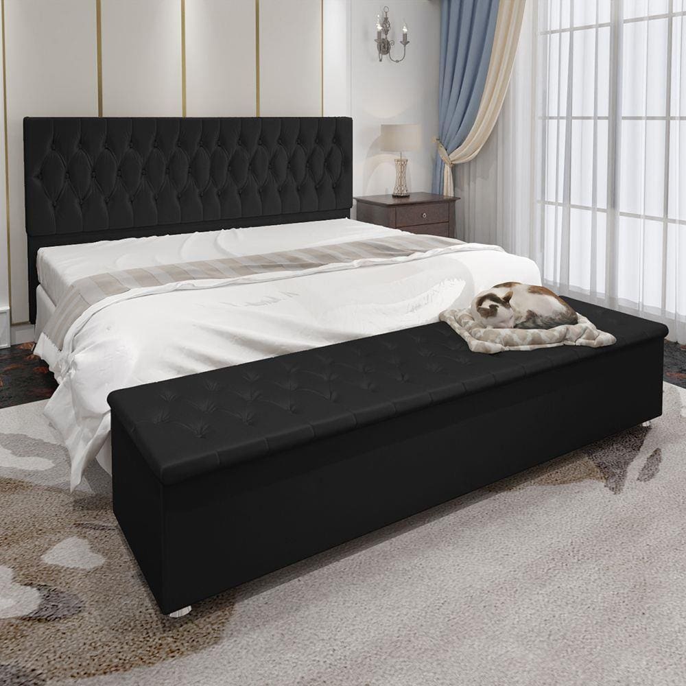 Conjunto Cabeceira Casal e Recamier Baú 1,95m Madrid Suede Preto Dal Poz Estofados