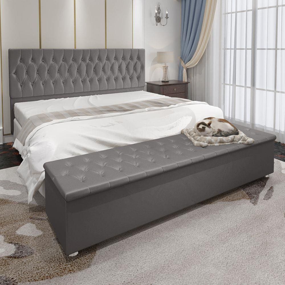 Conjunto Cabeceira Casal e Recamier Baú 1,95m Madrid Suede Cinza Dal Poz Estofados
