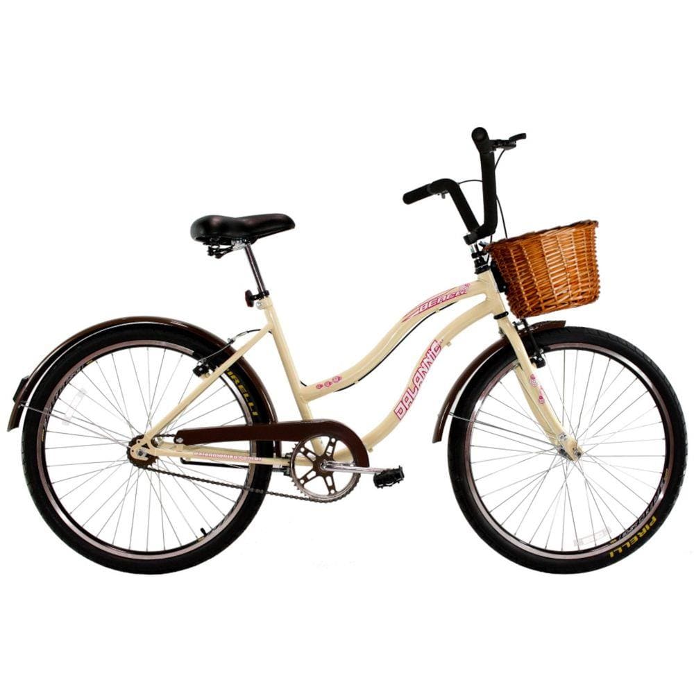Bicicleta Retro Vintage Aro 26 Feminina Beach Bege com Cestinha