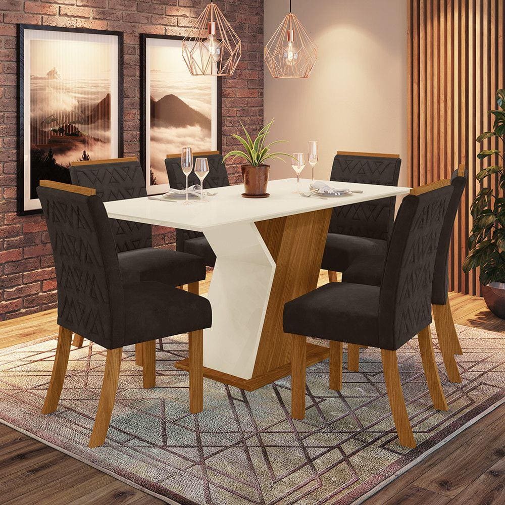 Conjunto Mesa Tampo MDF e 6 Cadeiras de Jantar Estofadas Juanita Casa 812