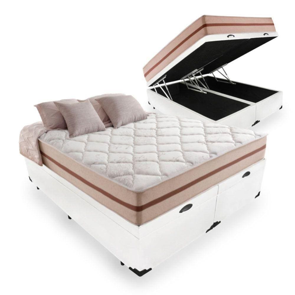 Cama Box Com Baú Queen Sintético Branco + Colchão De Molas Ensacadas - Anjos - Classic 158x198x68cm