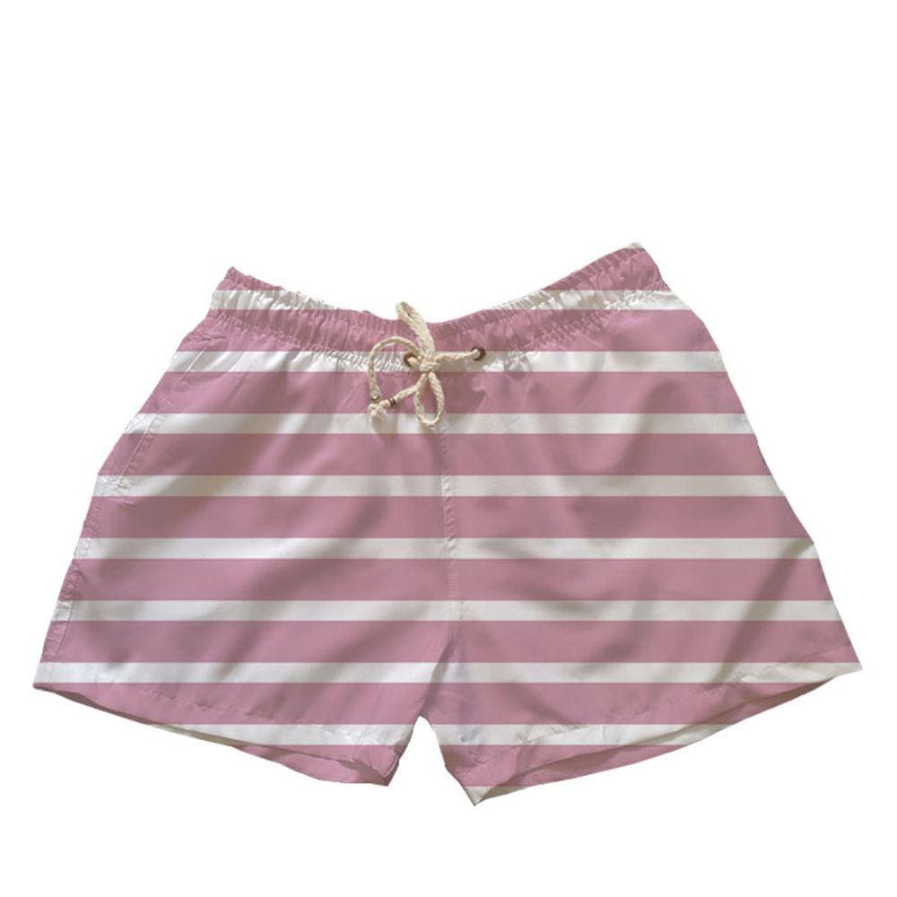 Short Curto De Praia Mauricinho Plus Size Estampa Listrado Transversal Rosa E Branco