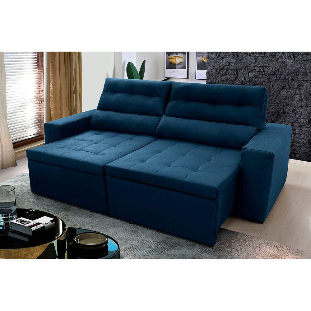 Sofá Retrátil Reclinável Arizona 2,30m Suede Velut Azul Marinho - King House