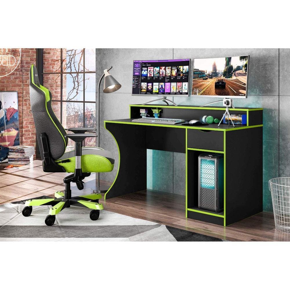 Mesa Gamer 1 Gaveta 2 Nichos Safira Belaflex Preto Fosco/Verde