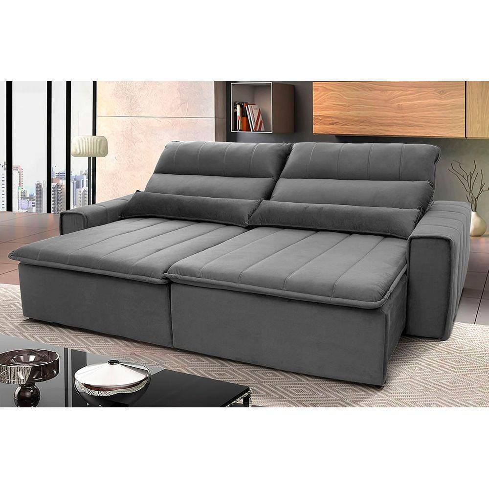 Sofá Retrátil Reclinável Patagônia 2,70m Suede Velut Cinza c/ Molas no Assento - King House