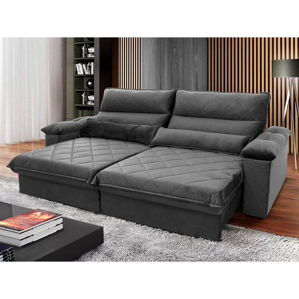 Sofá Retrátil Reclinável Grécia 2,70m Suede Velut Cinza c/ Molas no Assento - King House