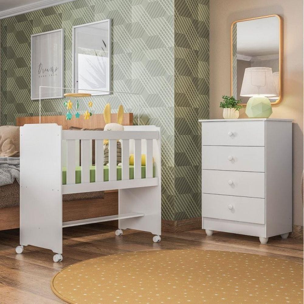 Conjunto Quarto de Bebê com Mini Berço e Cômoda 4 Gavetas Tigus Baby Branco