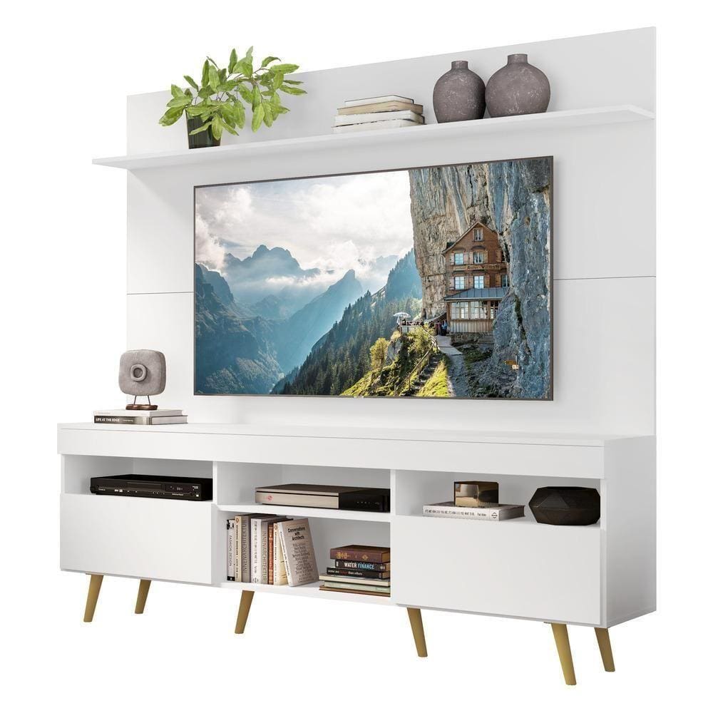 Rack Com Painel Tv 65 Retrô e Prateleira Branco/natural