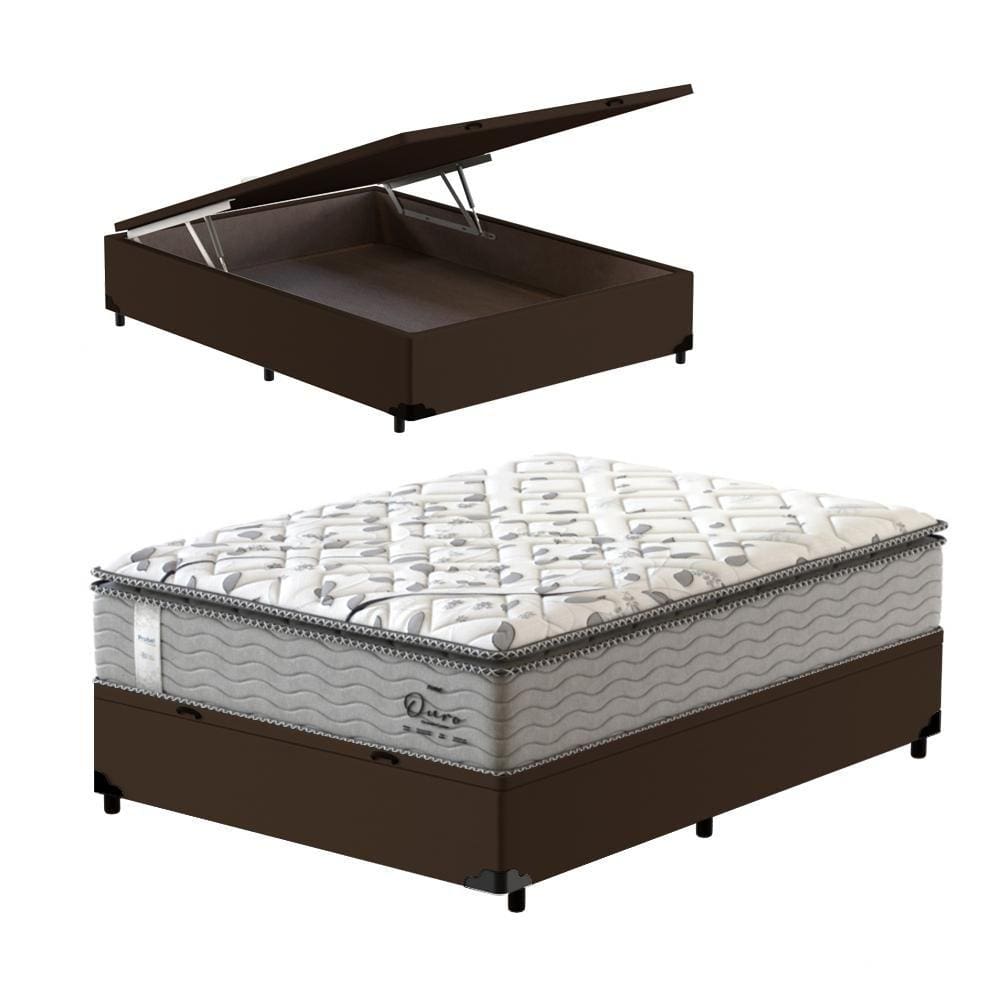 Cama Box Baú Viúva Marrom + Colchão de Molas Ensacadas - Probel - Guarda-Costas Ouro - 128x188x76cm