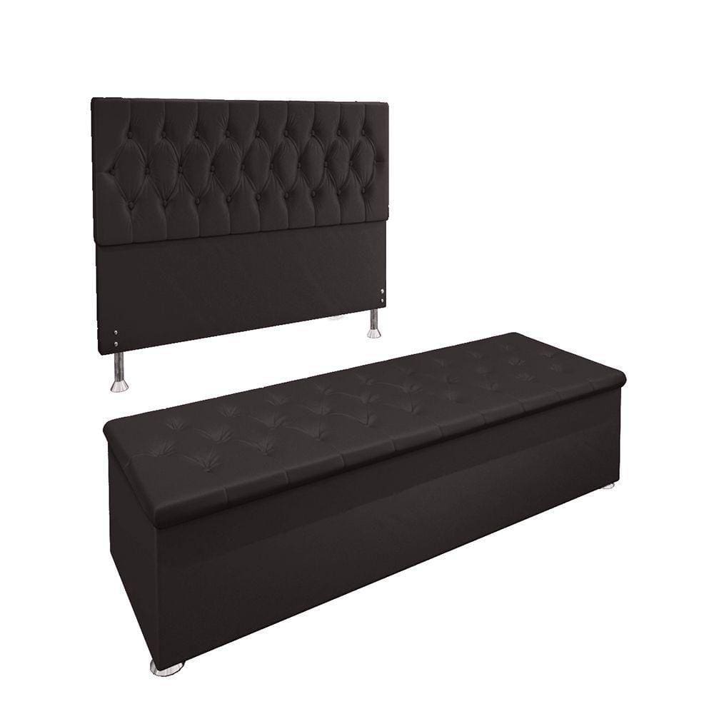 Conjunto Cabeceira Casal e Recamier Baú 1,40m Suede Marrom