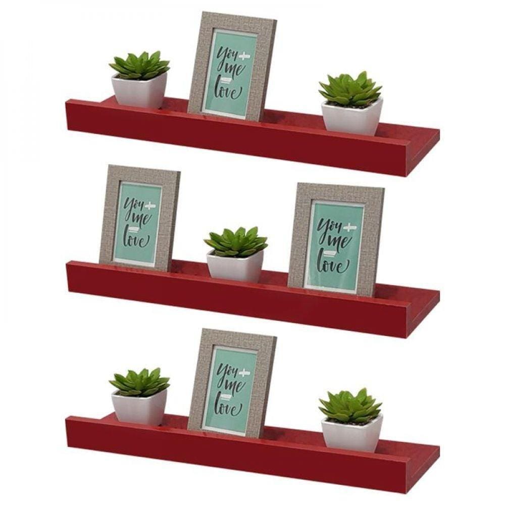 Kit 3 Prateleiras Porta Quadros 60X10cm Vermelha Suporte Inv