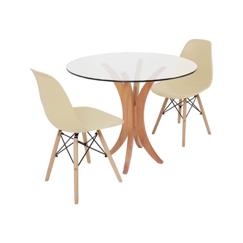 Mesa de Jantar Tampo de Vidro 90cm Com 2 Cadeiras Nude