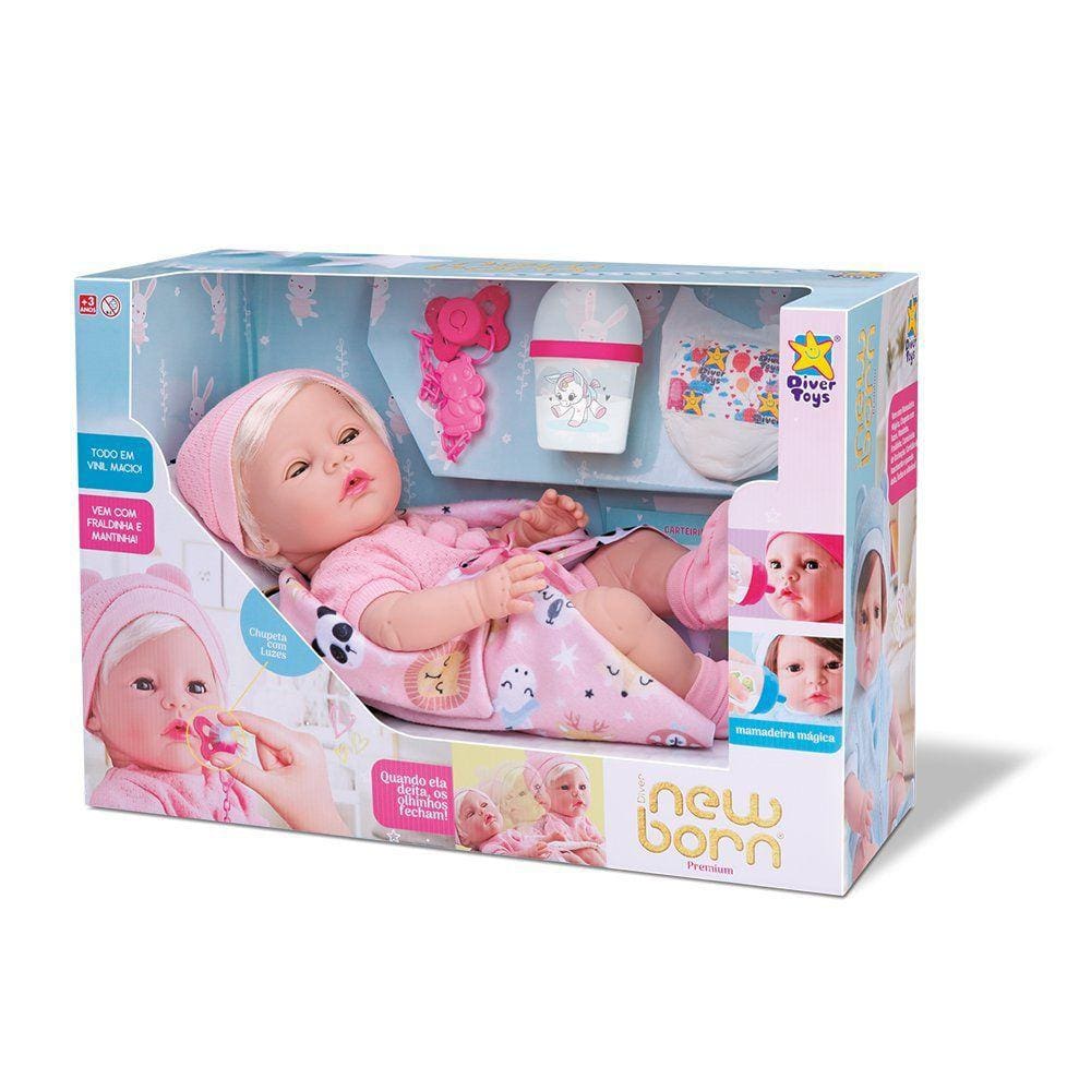 Boneca Diver New Born - Premium - Menina com Cabelo - Divertoys