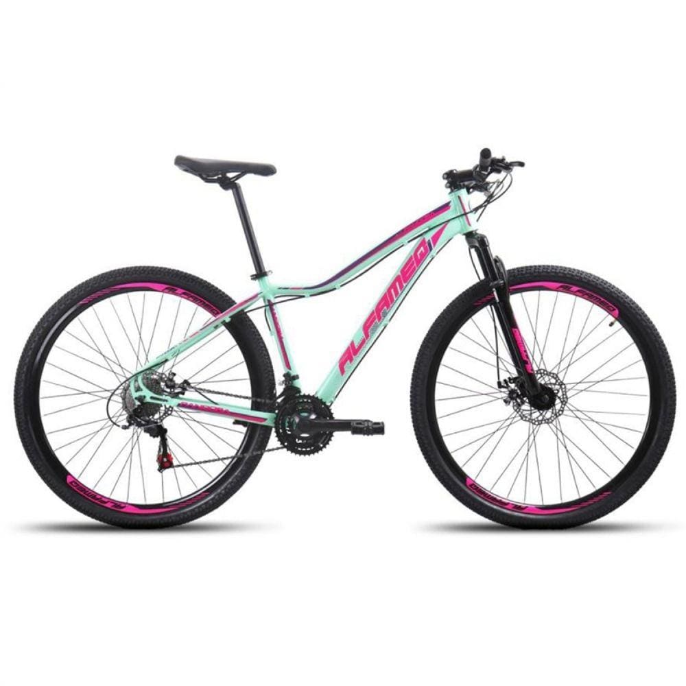 Bicicleta Aro 29 Feminina 21v Alfameq Pandora Freio a Disco Garfo Suspensão Alumínio - Verde/Rosa