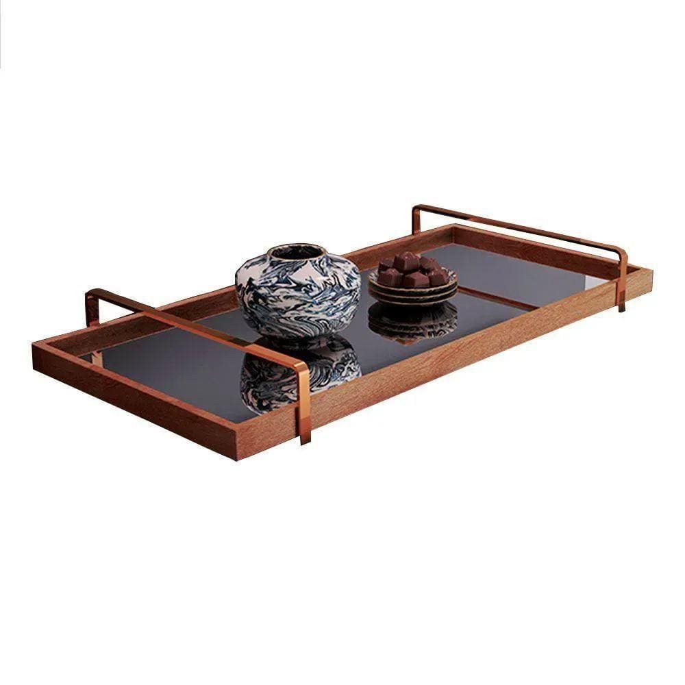 Bandeja Espelhada Madeira Com Alça Bronze