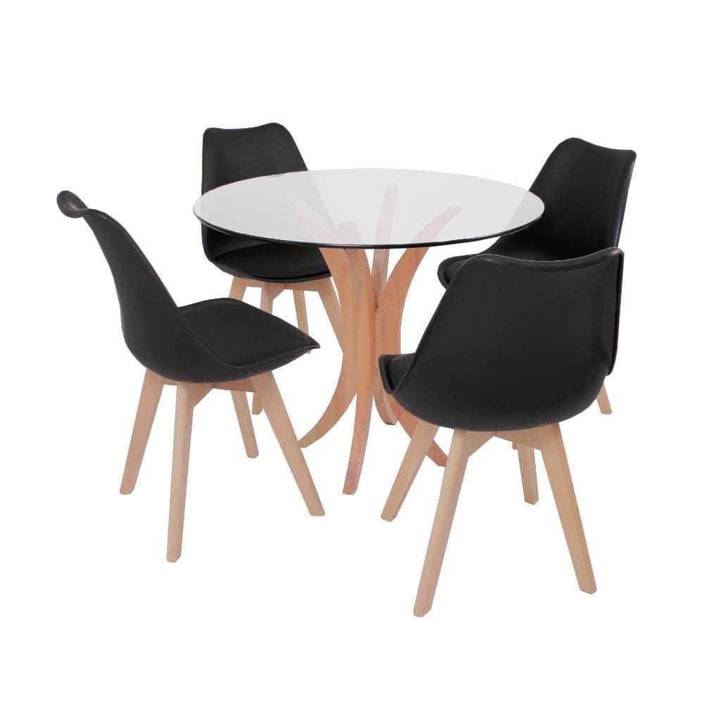 Mesa de Jantar Tampo de Vidro 90cm Com 4 Cadeiras Preto