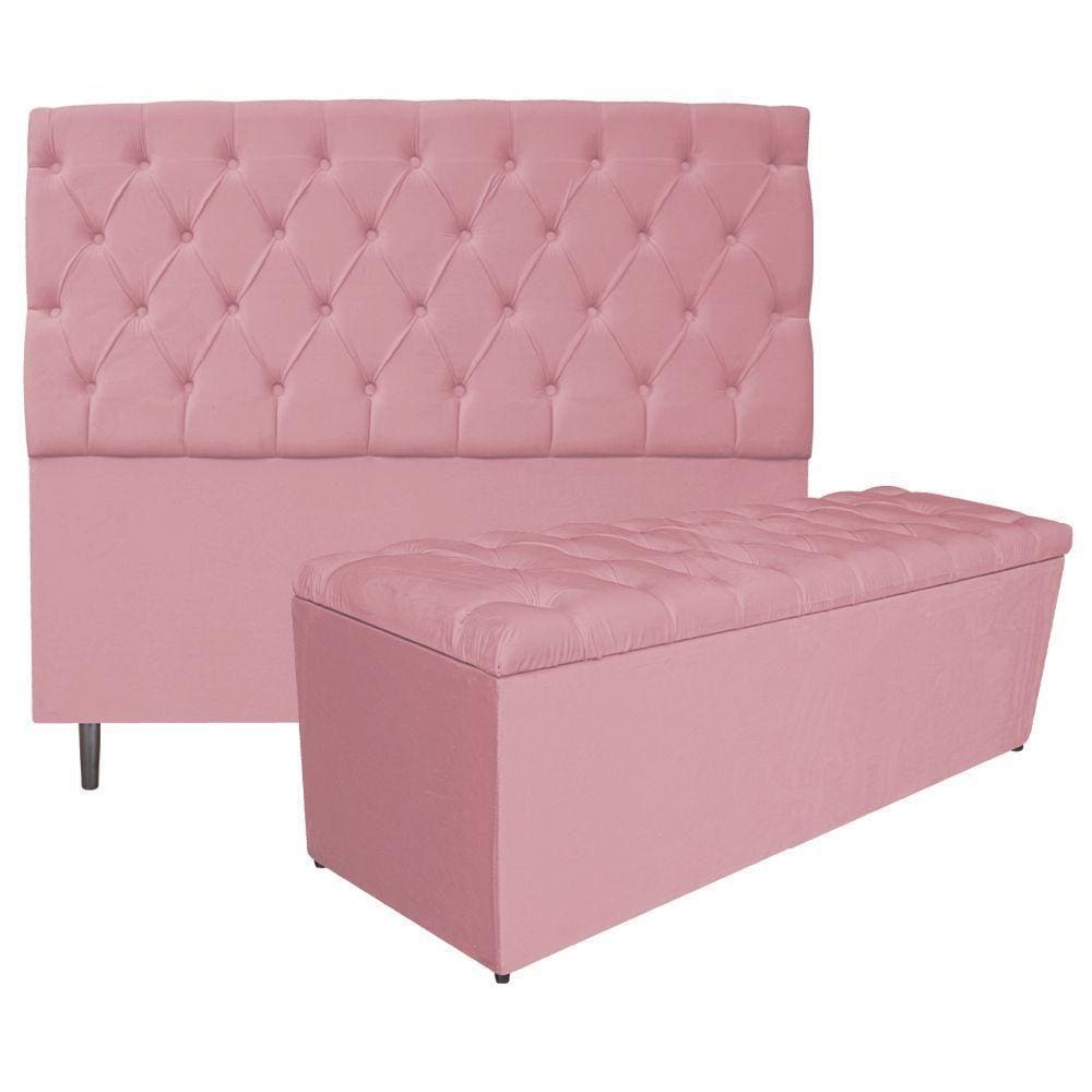 Cabeceira e Calçadeira Liverpool 195 Cm King Size Rosa Bebê