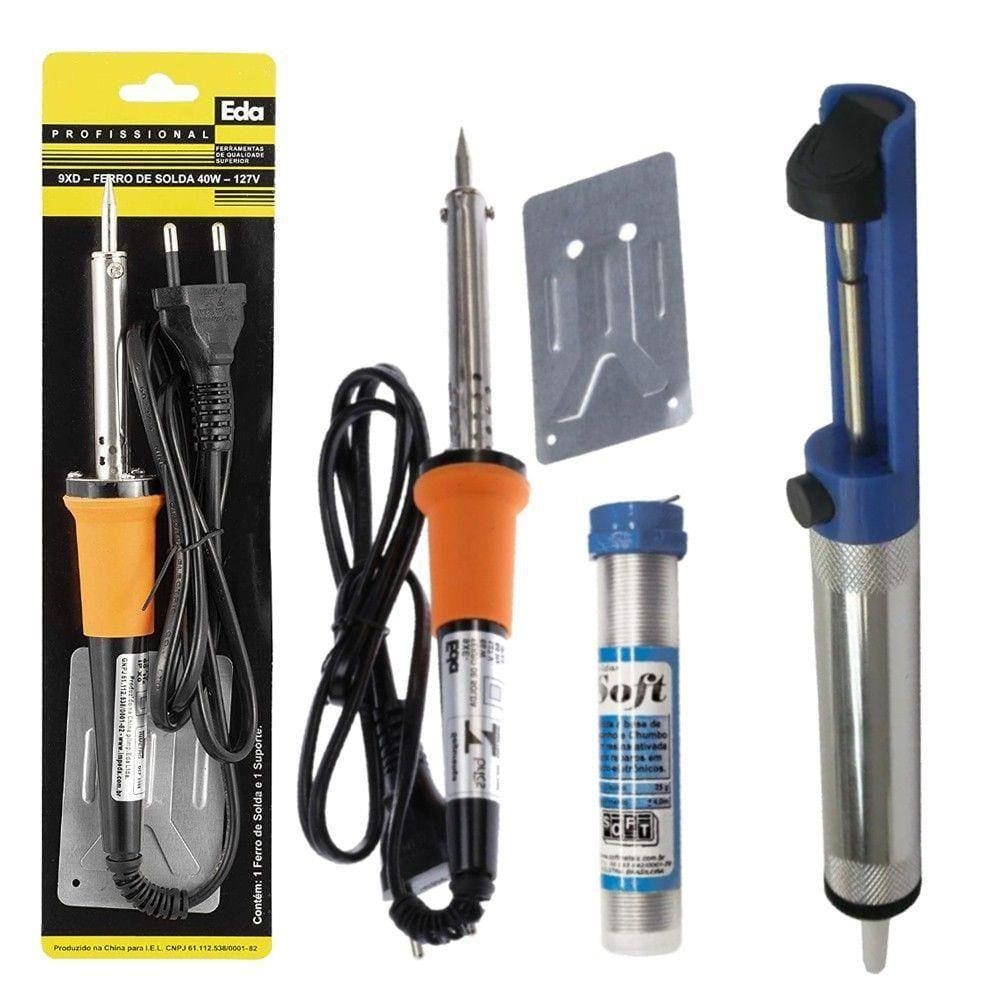 Kit Ferro Solda + Tubete Estanho e Sugador Solda 220v 40w