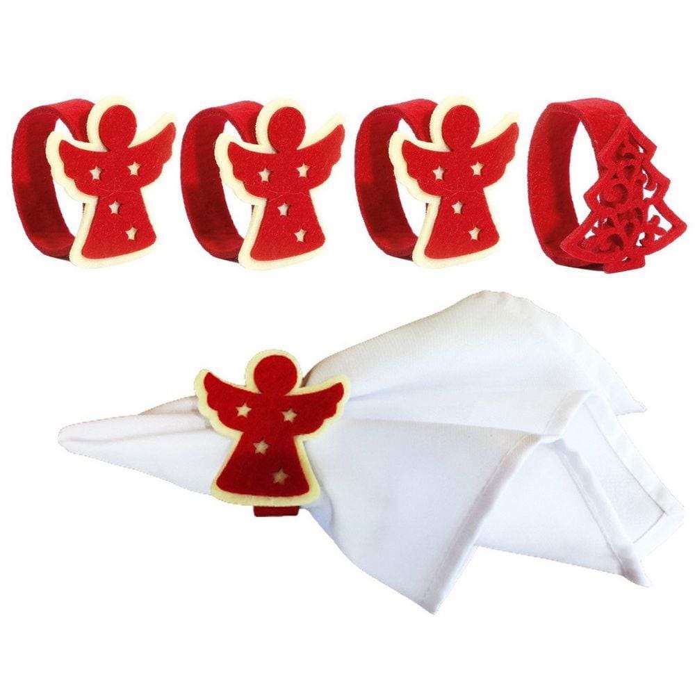 Jogo Porta Guardanapo Decorado Natal Anjo e Pinheiro Vermelho Anel 4 Peças - Magizi
