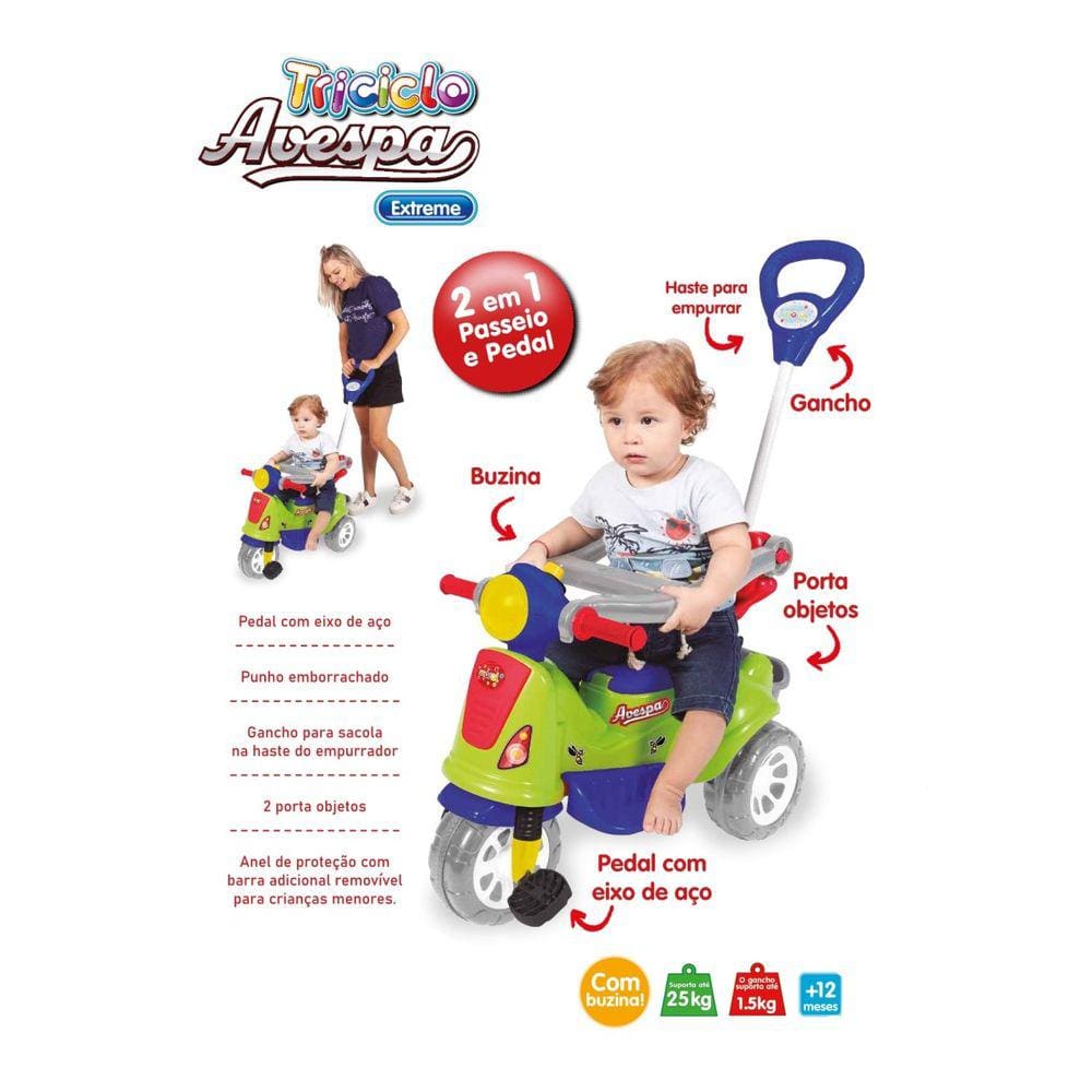 Carrinho Passeio Empurrador Pedal Triciclo Avespa Extreme