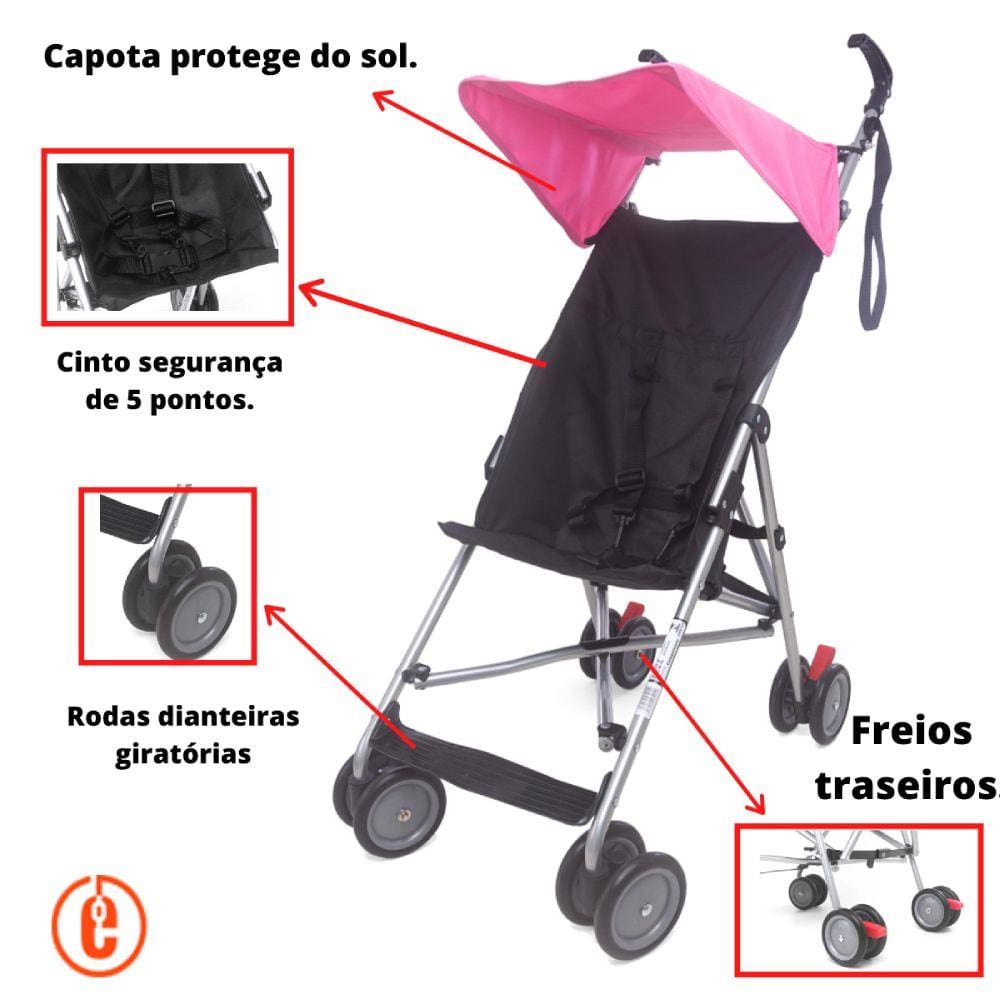 Carrinho Bebê Passeio Compacto Cool Baby Style Rosa