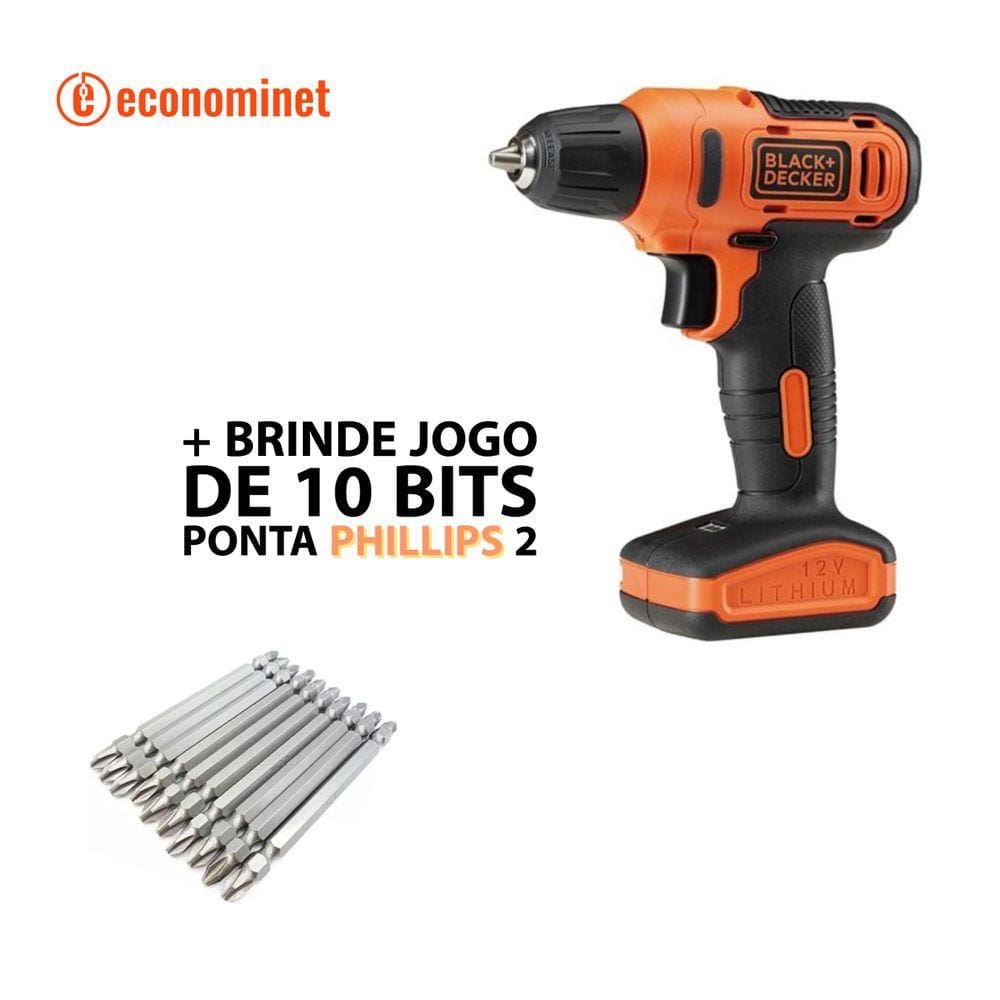 Kit Furadeira e Parafusadeira Black & Decker + 10 Bits Ponta Phillips 2